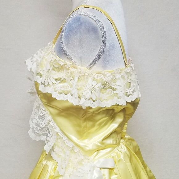 1950s Vintage Yellow Ruffle Satin Lace Bow Full Skirt Maxi Antebellum Dress S - Picture 7 of 10